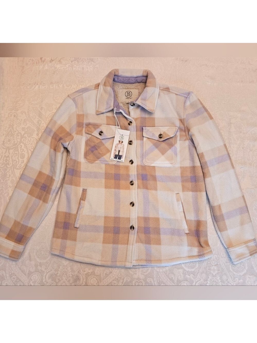Sage Button Fleece Shacket Sherpa Lined Cream & Purple, Small NWT